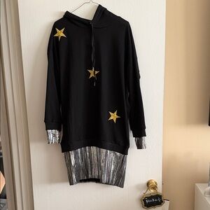Black Hoodie Dress with Gold Stars and Silver Accents